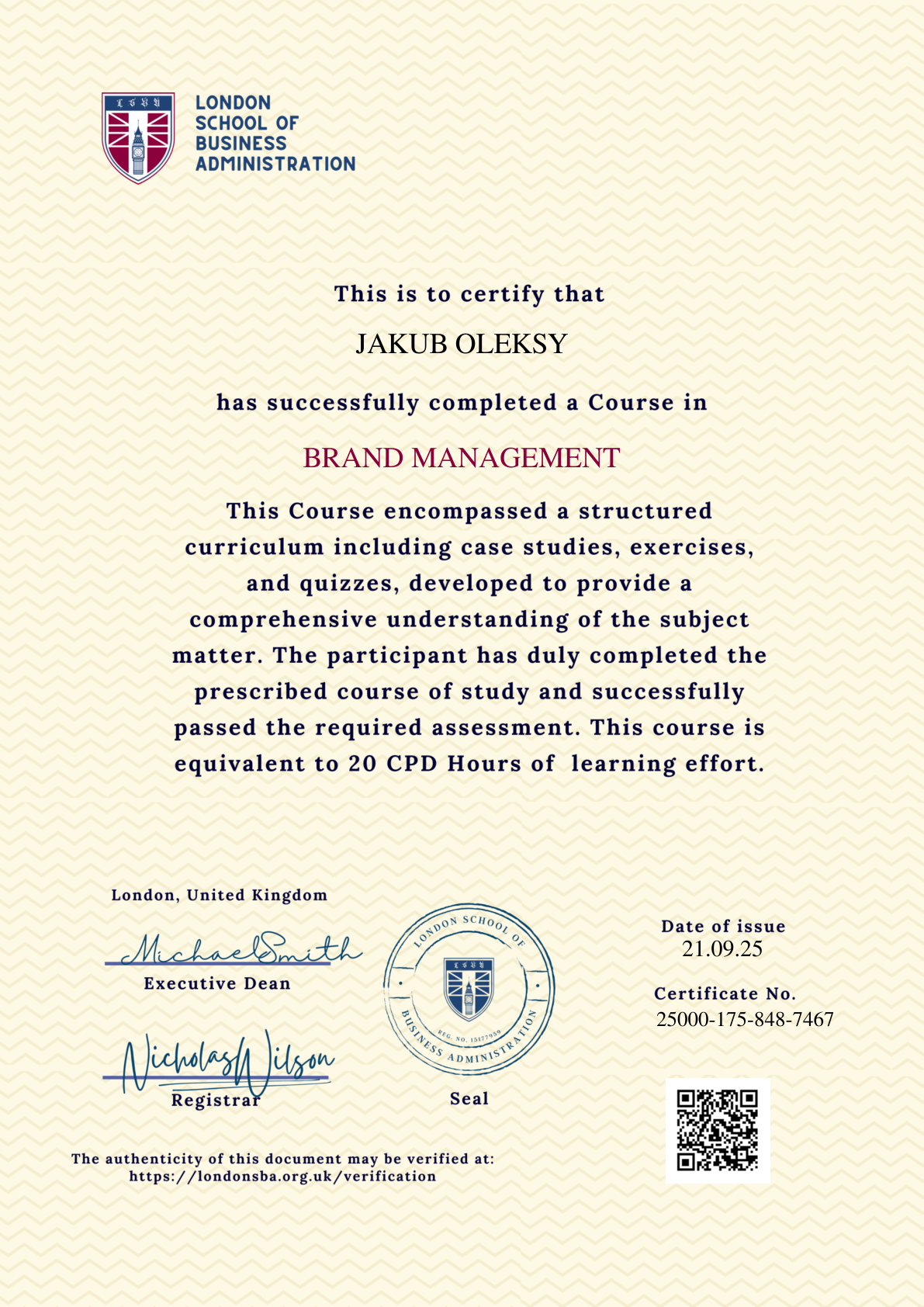 London School of Business Administration, Brand Management Course Certificate