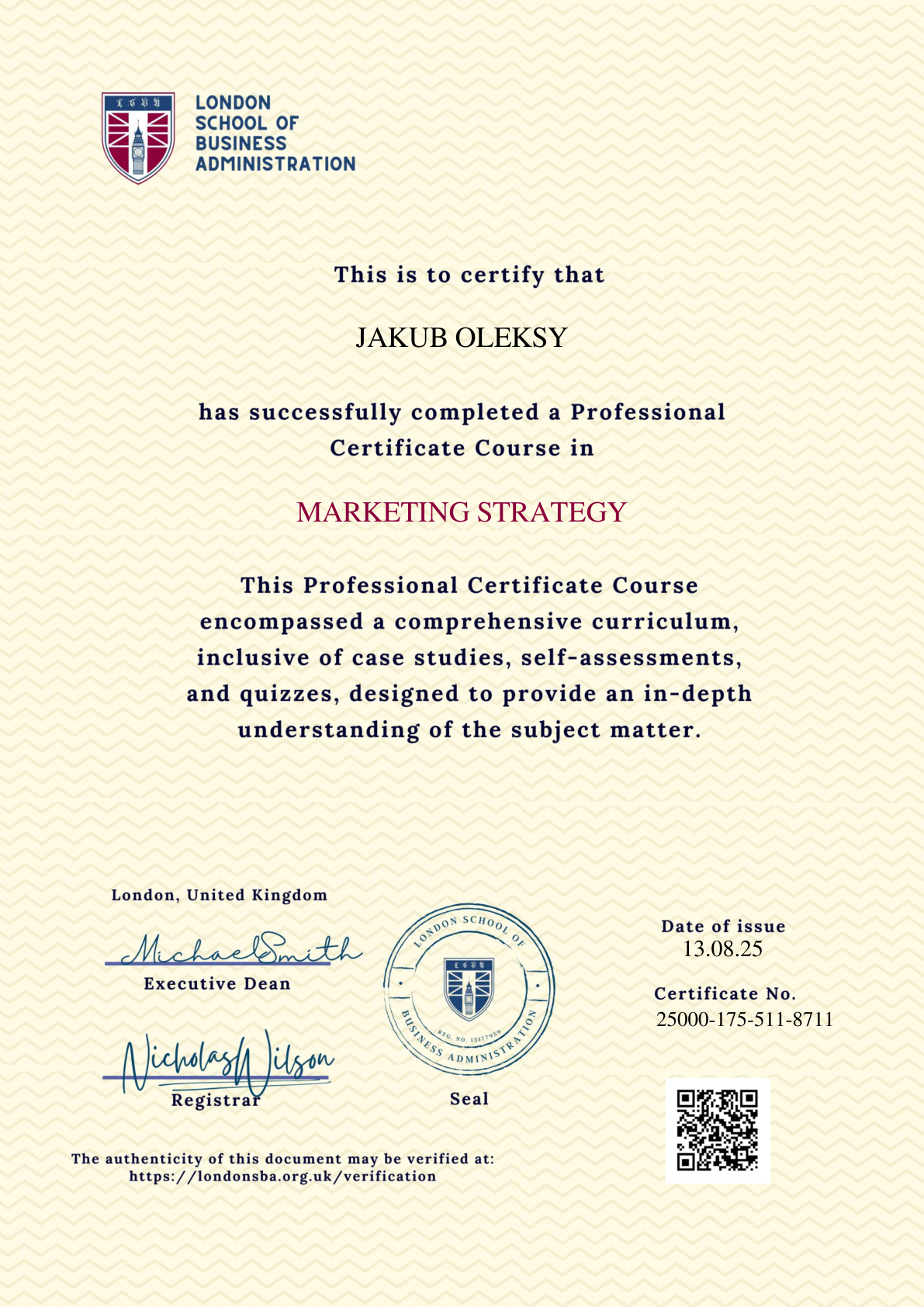 London School of Business Administration, Marketing Strategy Professional Certificate